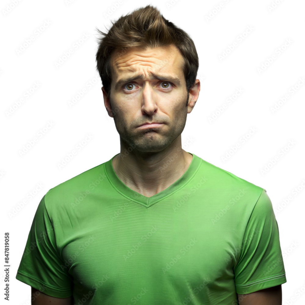 Fototapeta premium Man with uncertain expression in green shirt on transparent background