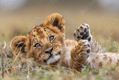 Baby Lion: A playful lion cub with big paws and a tufted tail, lying on its back in the tall grass, surrounded by the African savanna. 