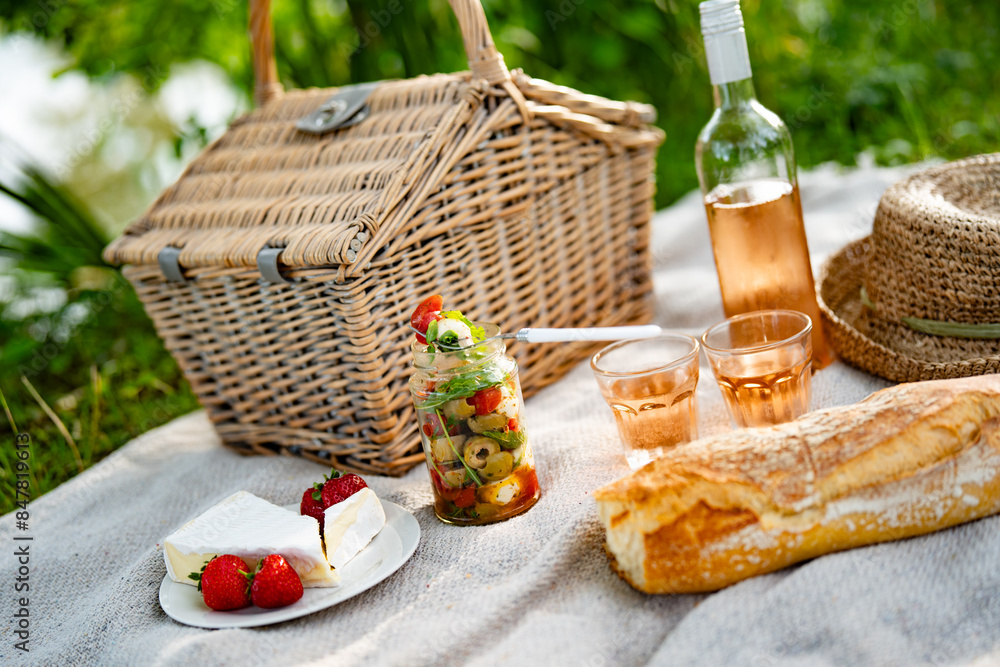 Summer picnic on blanket with delicious food and a bottle of rosé wine. Close-up with short depth of field. Summer picnic on blanket with delicious food and a bottle of rosé wine. Close-up with short depth of field.