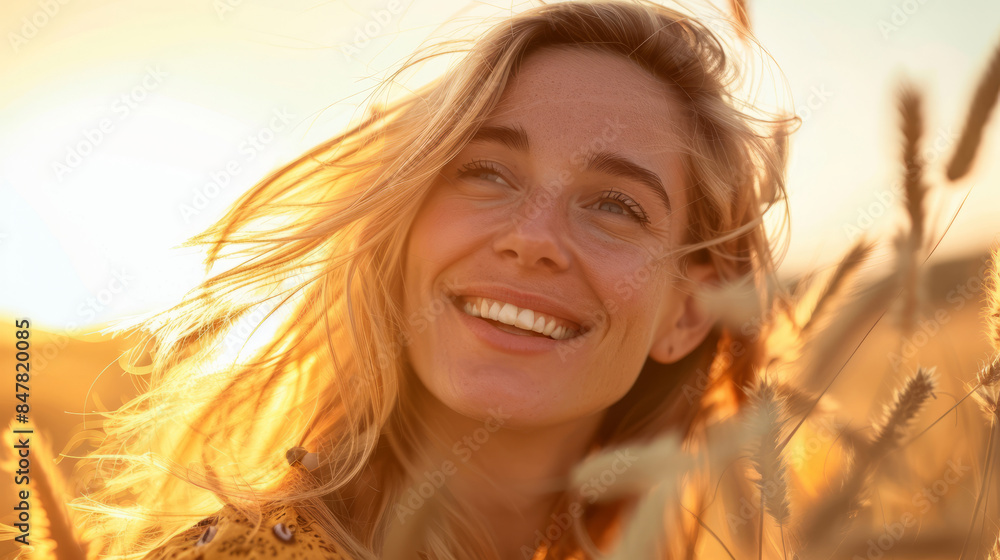 Smiling woman with blond hair at golden hour in nature Smiling woman with blond hair at golden hour in nature