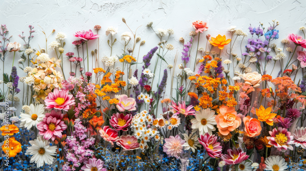 Colorful artificial flower arrangement against a white wall background