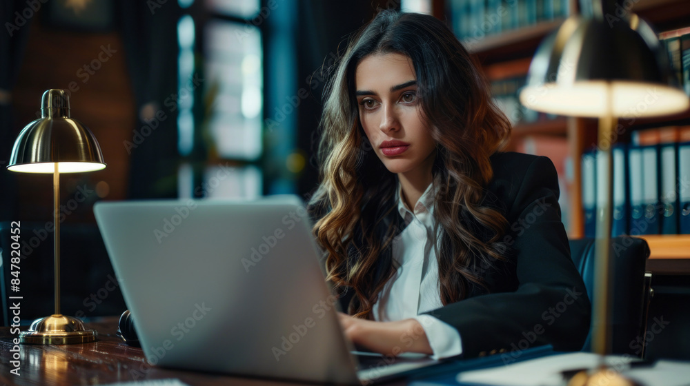 Focused female lawyer working diligently at her laptop in office Focused female lawyer working diligently at her laptop in office