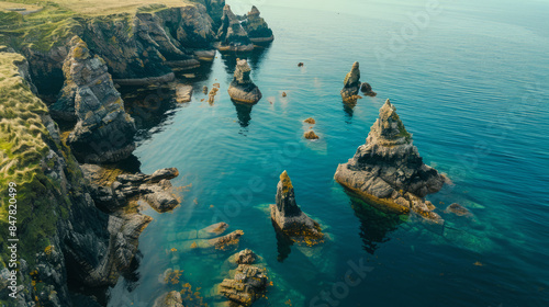 Aerial view of stunning rocky landscape by the sea