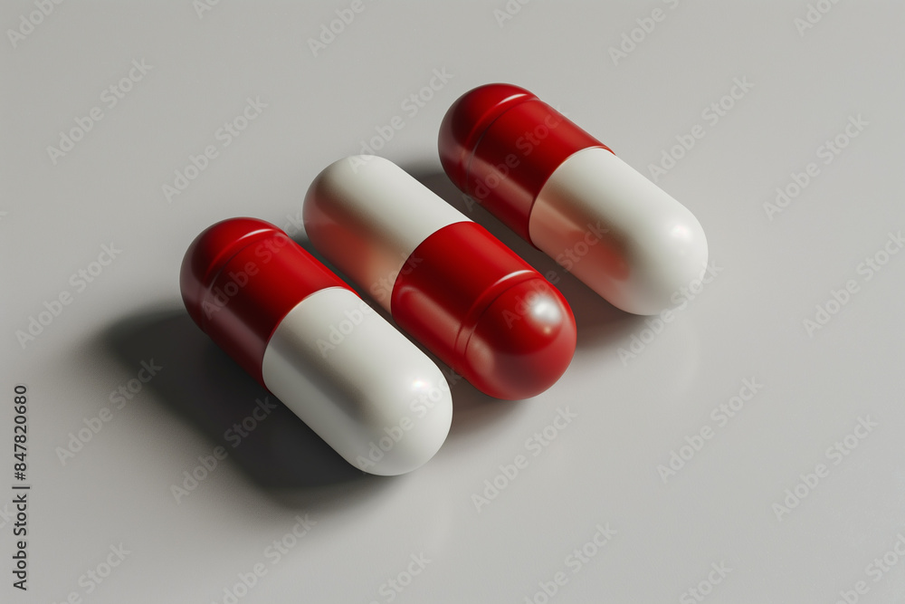 Close-up of three unidentified red and white capsules on a gray surface. These pills could be medication, but it is important to consult with a medical professional before ingesting them. Close-up of three unidentified red and white capsules on a gray surface. These pills could be medication, but it is important to consult with a medical professional before ingesting them.