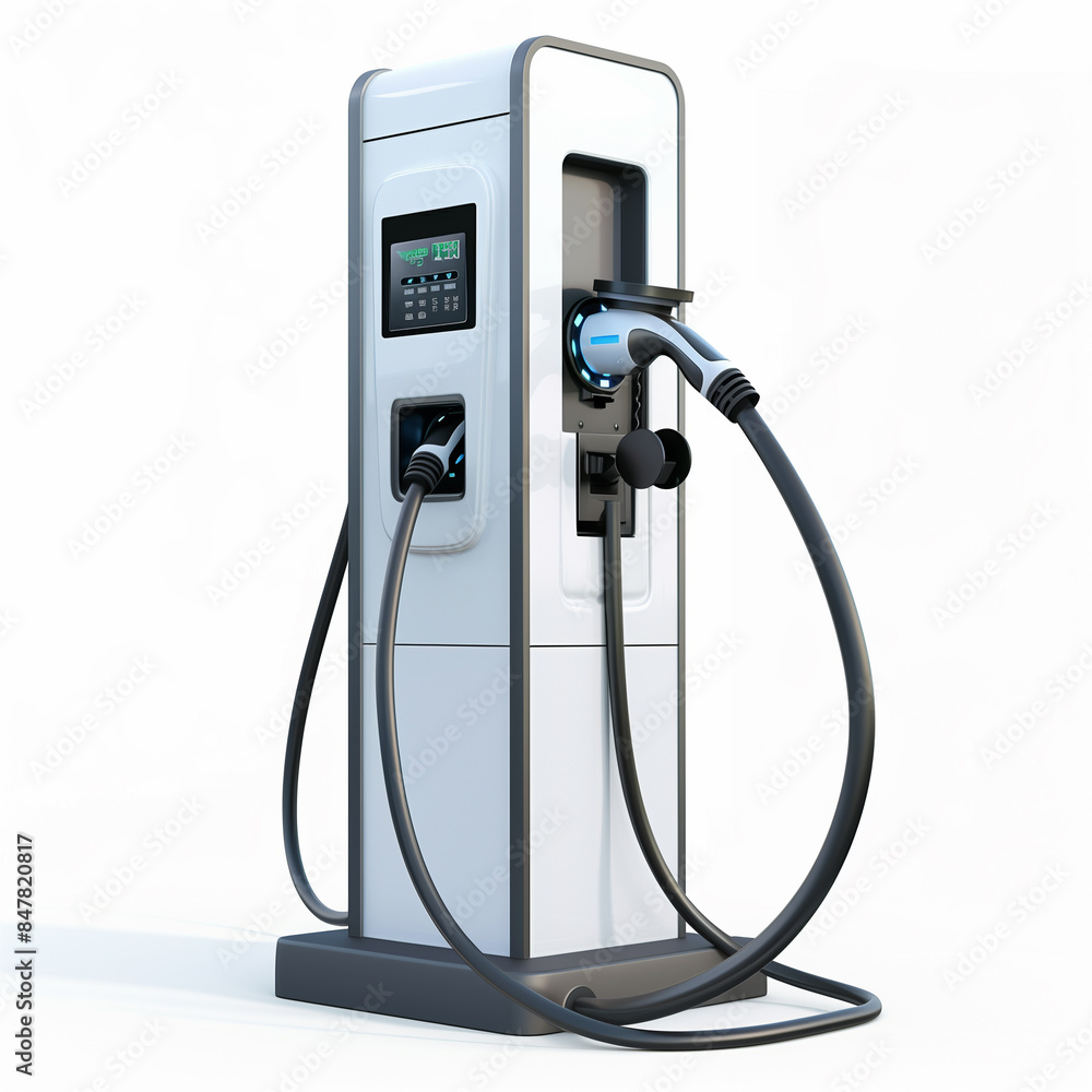An EV charging station isolated on a white background, highlighting clean energy technology for sustainable and eco-friendly transportation An EV charging station isolated on a white background, highlighting clean energy technology for sustainable and eco-friendly transportation