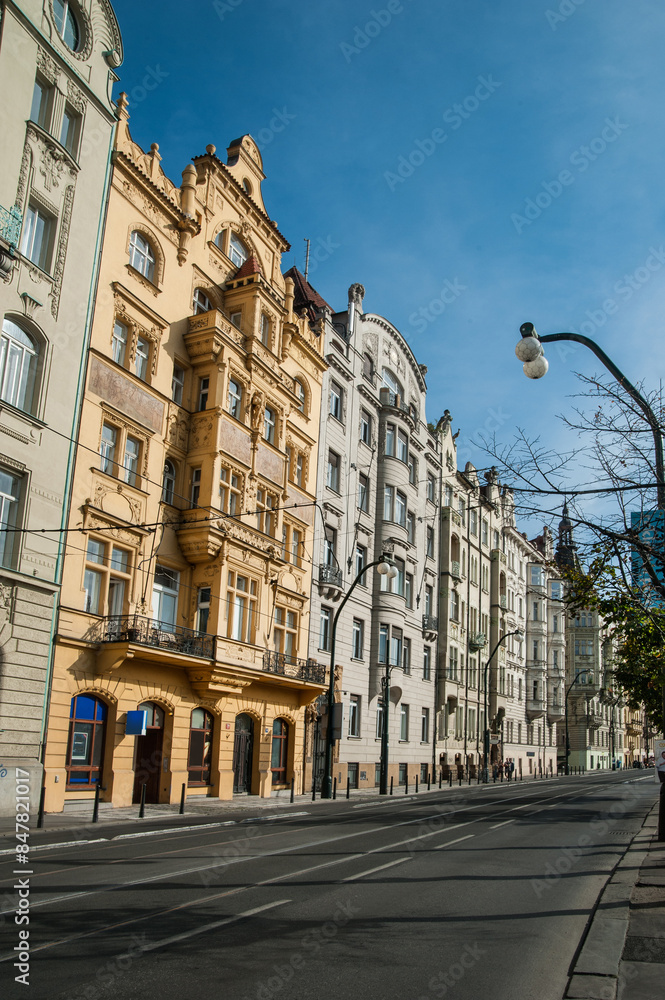 Naklejka premium New Town Prague, Jiraskovo namesti, European residential building, Prague, New Town, Masarykovo street in Czech Republic.