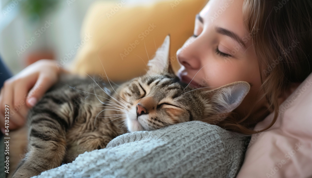 A young woman working from home with her pet cat on her lap, workfromhome, pet, cat, relaxed A young woman working from home with her pet cat on her lap, workfromhome, pet, cat, relaxed