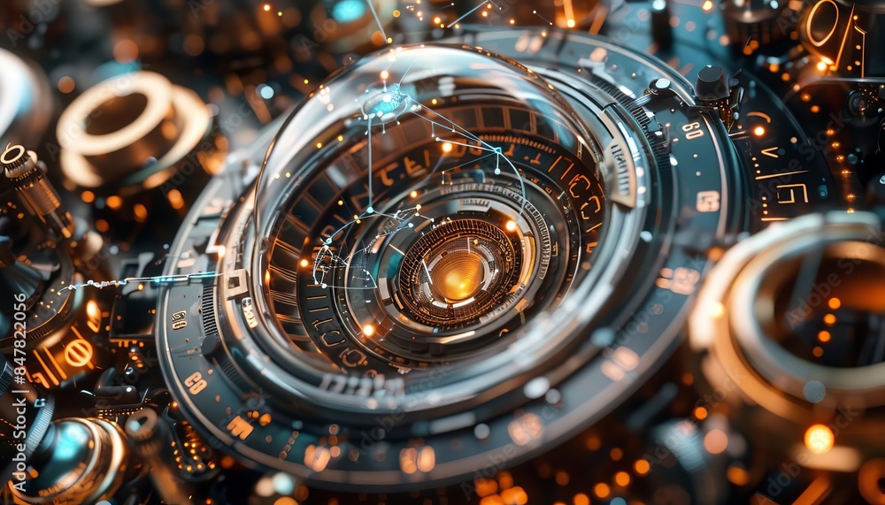 Futuristic mechanical gears and components forming a complex, intricate pattern, showcasing advanced technology and engineering marvels. Futuristic mechanical gears and components forming a complex, intricate pattern, showcasing advanced technology and engineering marvels.