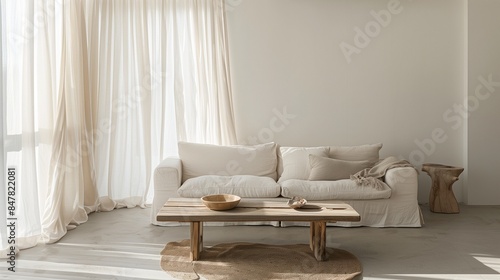 A coastal-inspired minimalistic living room with whitewashed walls, a linen sofa, and a driftwood coffee table. Sheer curtains billow gently in the breeze, filtering sunlight.