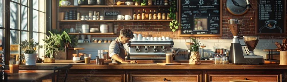A barista working in a cozy coffee shop with wooden decor, preparing a coffee behind the counter, surrounded by plants and equipment.