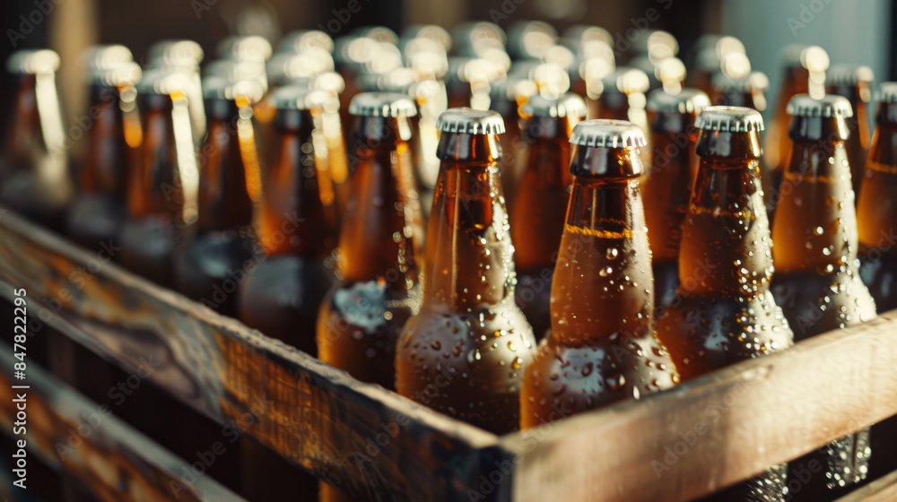 Close up of beer bottles in a wooden crate ready for delivery Close up of beer bottles in a wooden crate ready for delivery