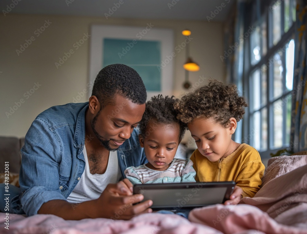 Child playing on tablet with family in a nice home generative ai Child playing on tablet with family in a nice home generative ai