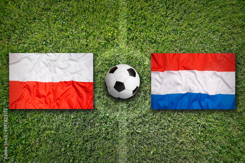 Poland vs. Netherlands flags on soccer field