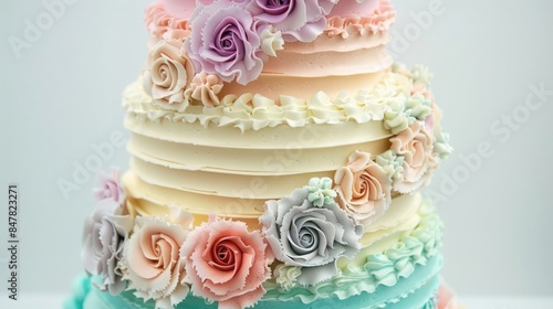 Three tier wedding cake with pastel colored icing on a white background