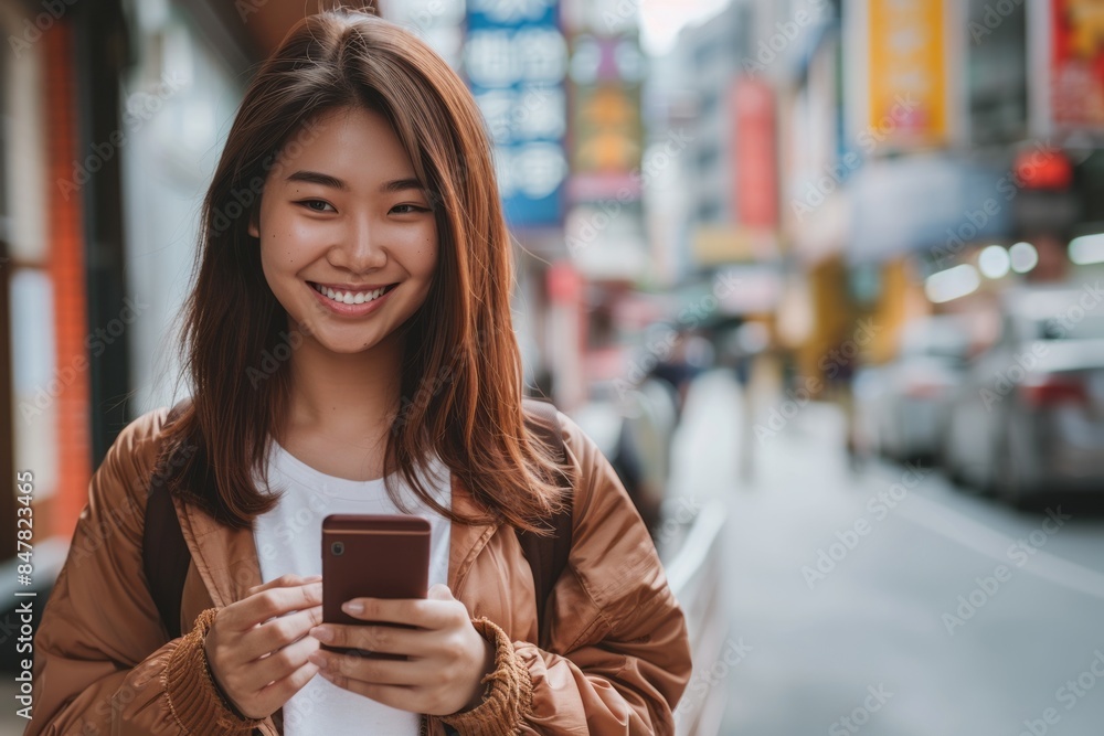 Traveler asian woman using mobile phone in the city Traveler asian woman using mobile phone in the city
