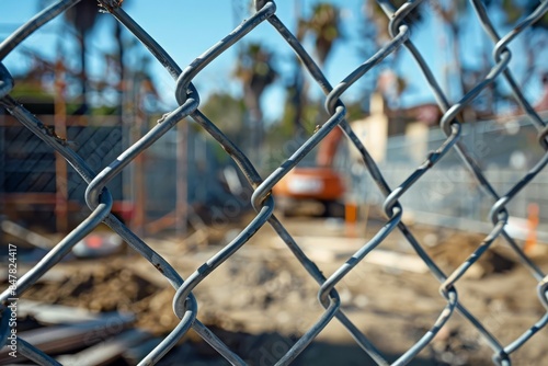 Chain-link fence around a construction site with blurred background of machinery and building materials under clear blue sky.
