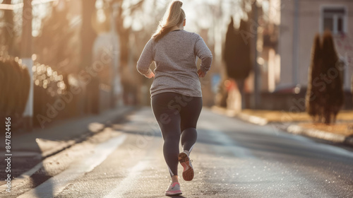 Overweight young woman jogging outdoors to stay fit and healthy photo