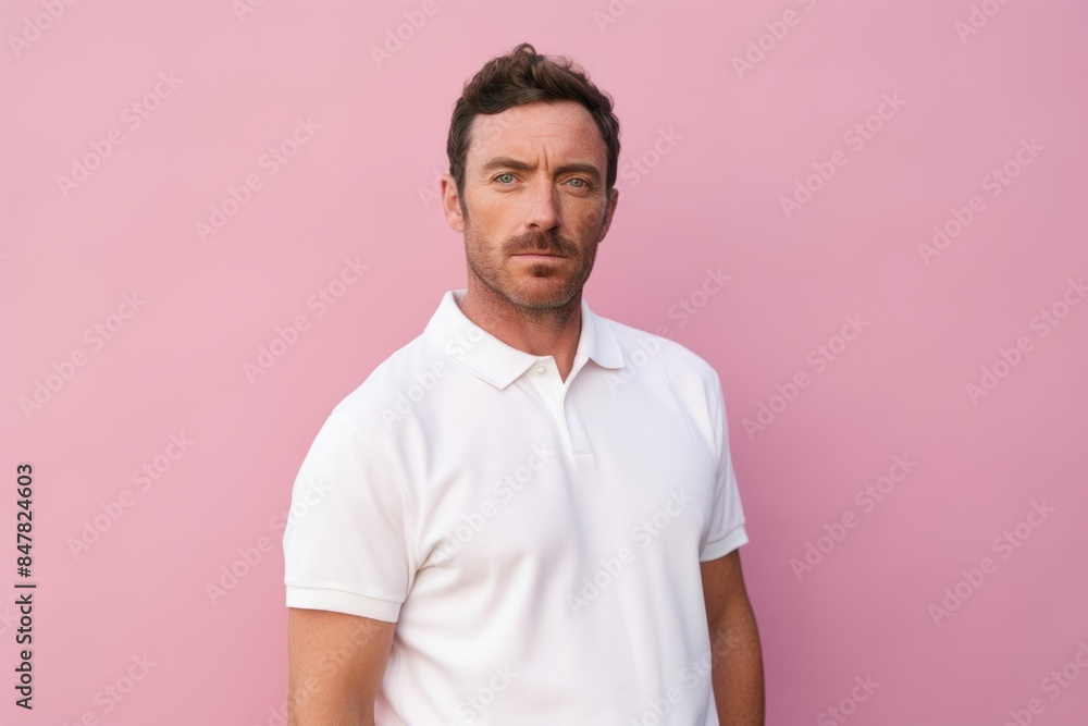 Portrait of a glad man in his 30s wearing a breathable golf polo while standing against pastel or soft colors background