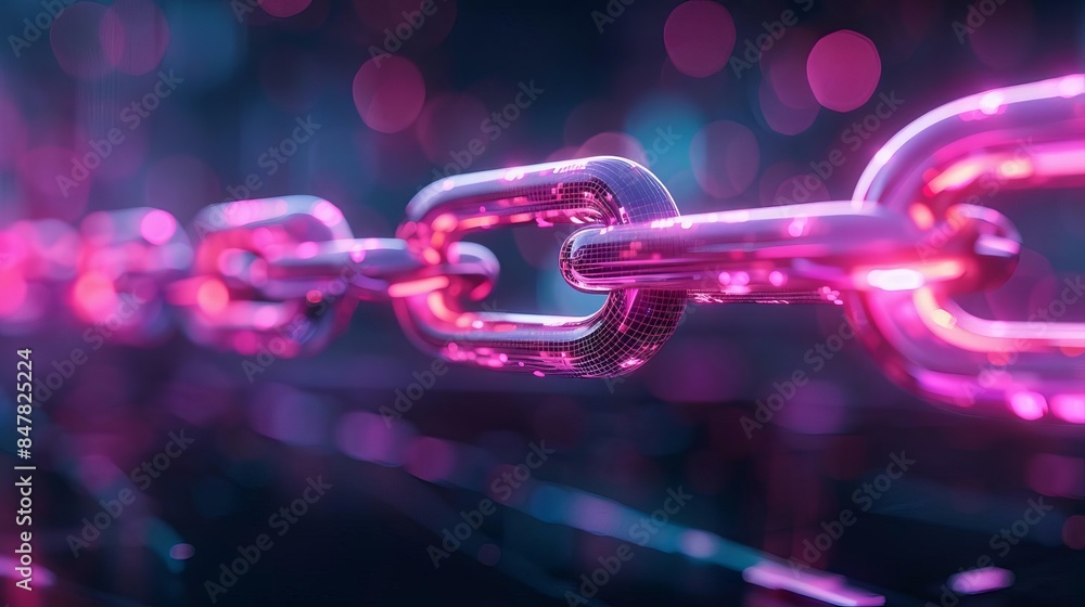 Close-up of glowing metallic chain link connections illuminated by neon pink and purple light on a dark blurred background. Close-up of glowing metallic chain link connections illuminated by neon pink and purple light on a dark blurred background.