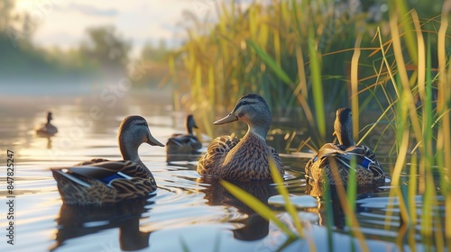 Group of Ducks Floating on Lake Next to Tall Grass, Generative AI Image photo