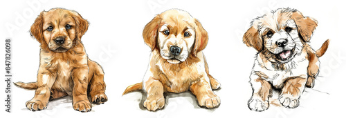 Adorable trio of golden retriever puppies sitting against a white background, perfect for pet care themes and National Puppy Day promotions