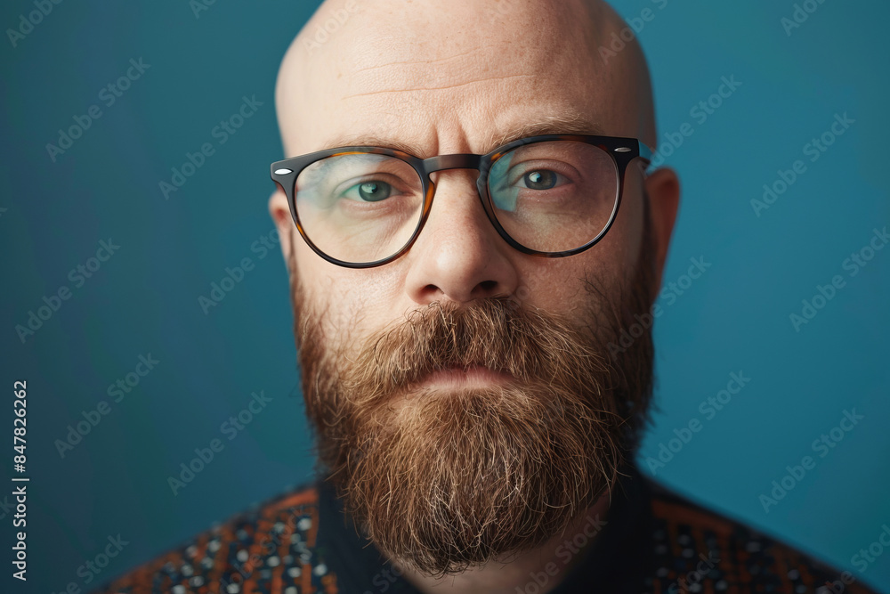Portrait of bald man with beard and glasses in blue background Portrait of bald man with beard and glasses in blue background
