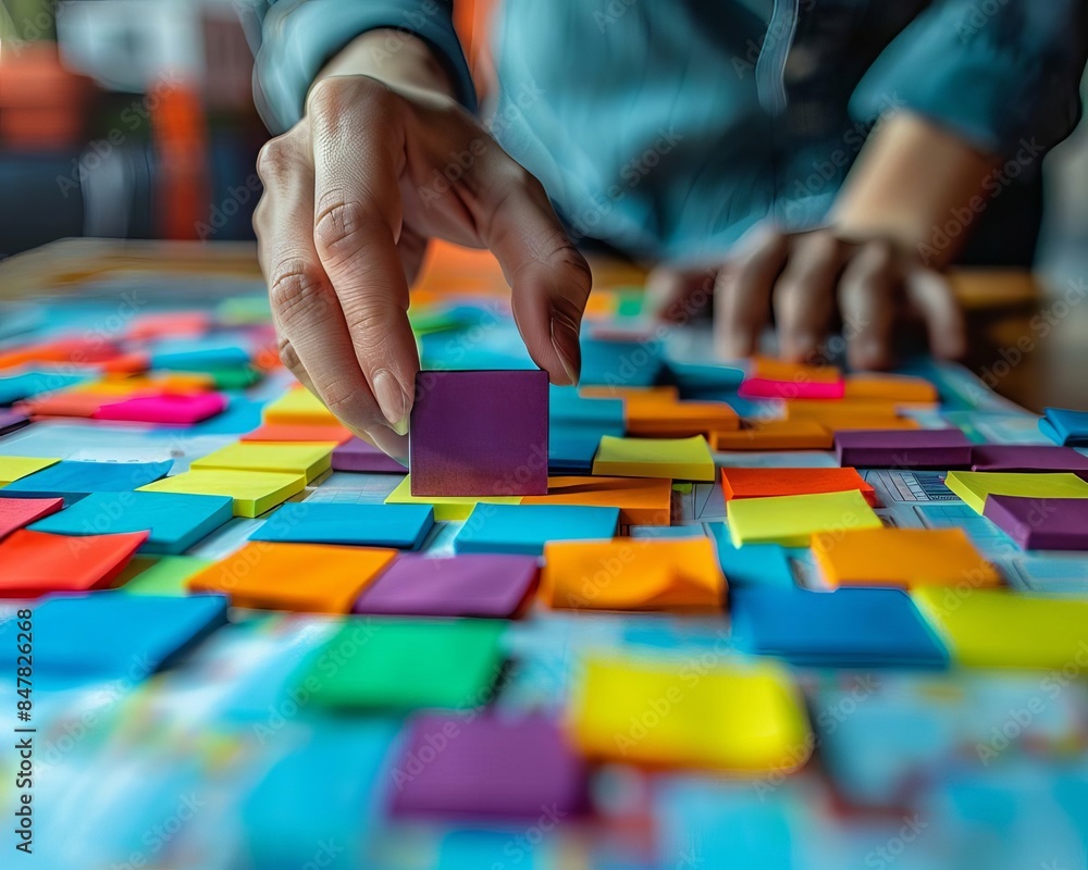 Fototapeta premium Person organizing colorful sticky notes on a table, focusing on brainstorming, planning, and creativity in a vibrant office setting.