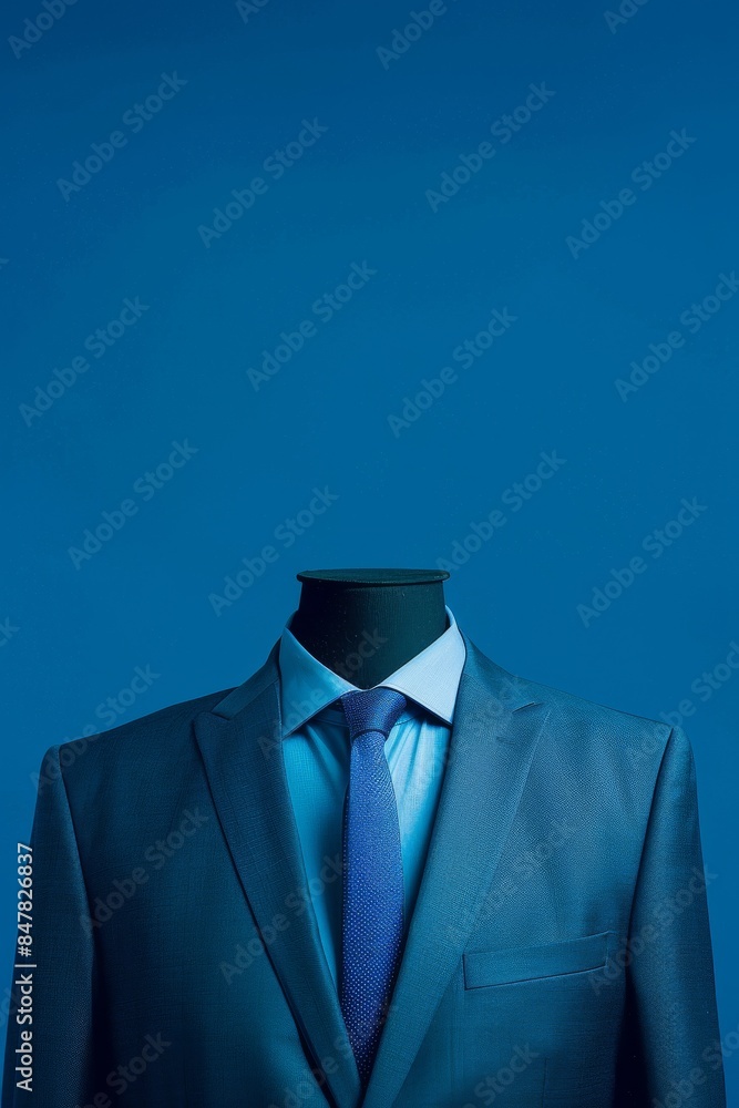 A headless mannequin dressed in a blue suit with a matching tie, set against a blue background, symbolizes anonymity and professional attire. A headless mannequin dressed in a blue suit with a matching tie, set against a blue background, symbolizes anonymity and professional attire.
