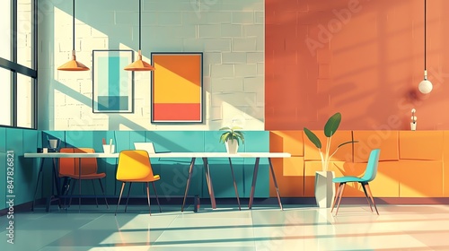 Boring office break room, flat design, side view, dull conversation, animation, Splitcomplementary color scheme photo