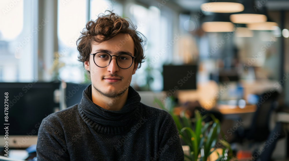 Portrait of young male coder in modern office setting Portrait of young male coder in modern office setting