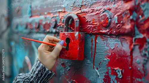 Woman hands painting a padlock of color red, clean paint, minimalist brush, clean painting, clean background, city background photo