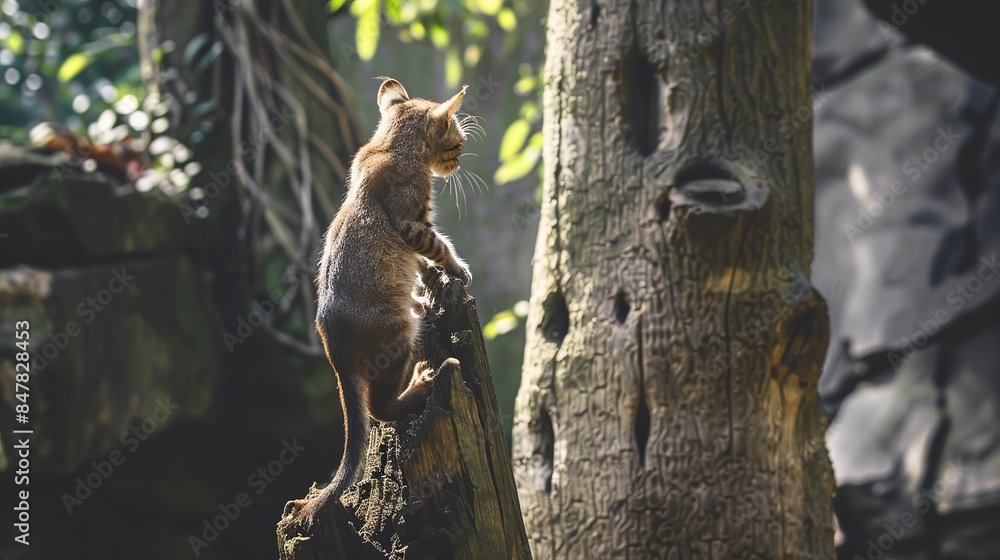 Curious Animal Climbing an Ancient Tree Trunk in a Lush Forest Setting Curious Animal Climbing an Ancient Tree Trunk in a Lush Forest Setting