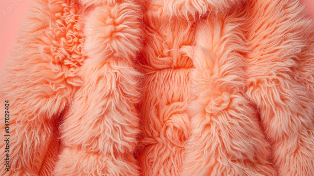 Top view of stylish fur textured pink jacket on peach background Top view of stylish fur textured pink jacket on peach background