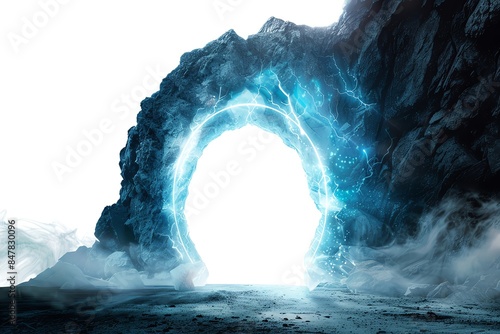 A mystical glowing portal within a rocky formation, enveloped in fog and emanating blue light, suggesting a gateway to another realm.