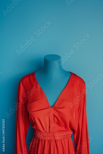 Blue mannequin dressed in red satin, long-sleeved dress against a blue background. Minimalist fashion display concept.