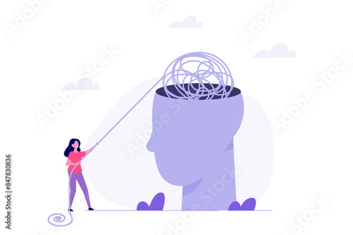 Head clearing, decoding and understanding problem, clear messy anxiety. Vector illustration.