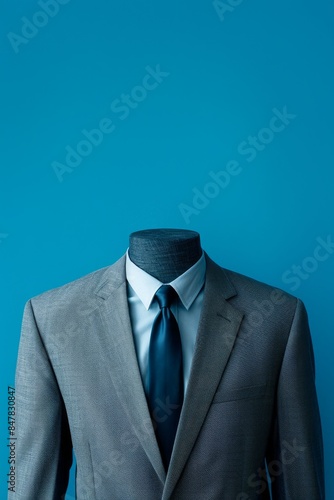 Business suit arrangement against blue background, highlighting formal attire without a visible person creating anonymous and unique visual effect.