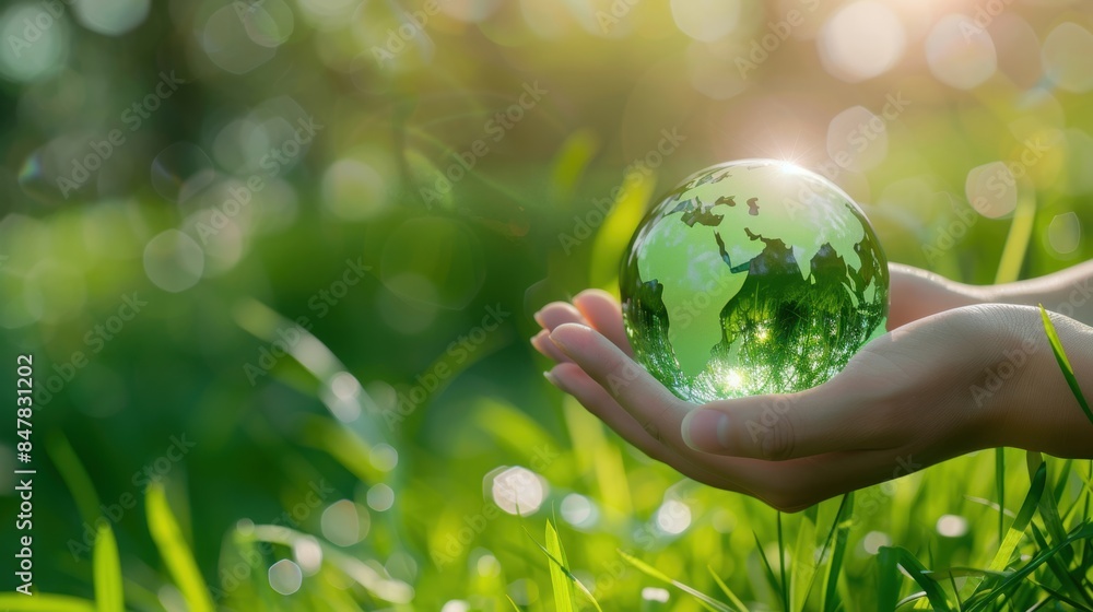 Green globe in hands, focus on eco-conscious living and nature conservation Green globe in hands, focus on eco-conscious living and nature conservation