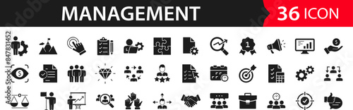 Business Management set of web icons. Management icons for web and mobile app. Media, teamwork, vision, mission, business, planning, strategy, marketing. Solid vector icons collection