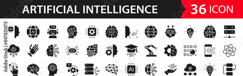 Artificial intelligence set of web icons. AI technology icons for web and mobile app. Machine learning, digital AI technology, algorithm, smart robotic, cloud computing. Solid vector icons collection