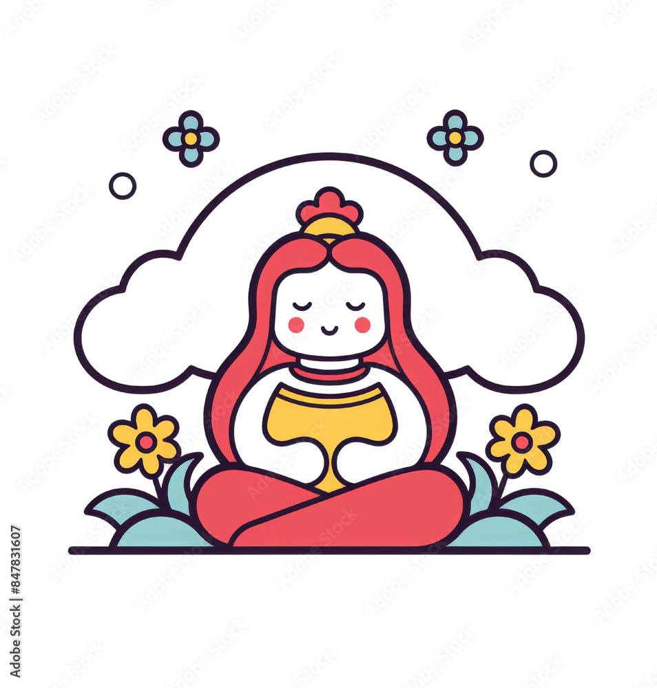 Cartoon illustration of a woman meditating surrounded by flowers and clouds evoking peace and mindfulness Cartoon illustration of a woman meditating surrounded by flowers and clouds evoking peace and mindfulness