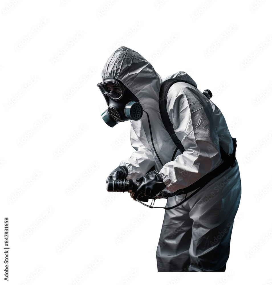 A worker in a hazmat suit and gas mask disinfecting an area emitting a spray in an environment highlighting safety measures A worker in a hazmat suit and gas mask disinfecting an area emitting a spray in an environment highlighting safety measures