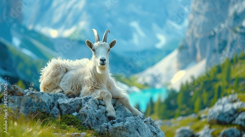 A goat is laying on a rock in a mountain valley © zenith