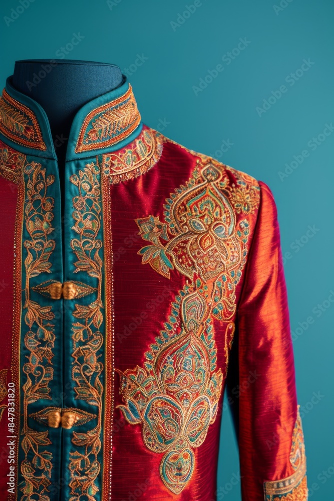 Close-up of an intricately designed red and gold traditional garment with detailed embroidery, set against a deep teal background. Close-up of an intricately designed red and gold traditional garment with detailed embroidery, set against a deep teal background.