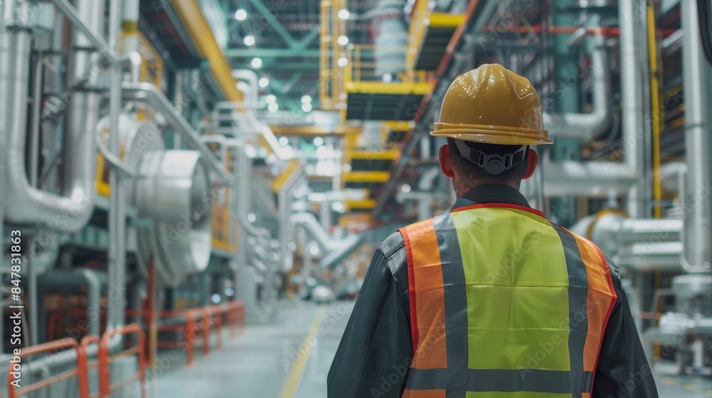 Employee in a hard hat and reflective vest, inspecting a large industrial factory Employee in a hard hat and reflective vest, inspecting a large industrial factory