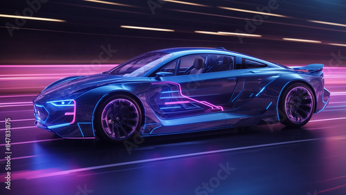 A blue and purple futuristic car is shown in a three quarter view. The car is transparent, showing its internal structure.

