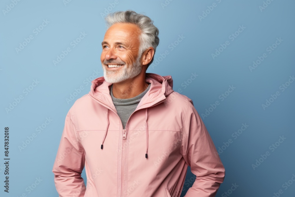Portrait of a glad man in his 50s wearing a windproof softshell isolated on pastel or soft colors background Portrait of a glad man in his 50s wearing a windproof softshell isolated on pastel or soft colors background