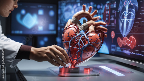 A doctor is examining a 3D model of a heart.

