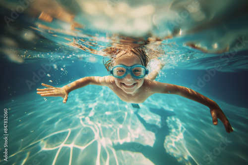 Smiling child swimming underwater in a pool with blue goggles. Joyful moment captured with sunlight reflecting on the water's surface © hdesert