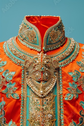 Close-up of an intricately embroidered orange and teal traditional costume adorned with detailed gold embellishments on a blue background. © kitidach